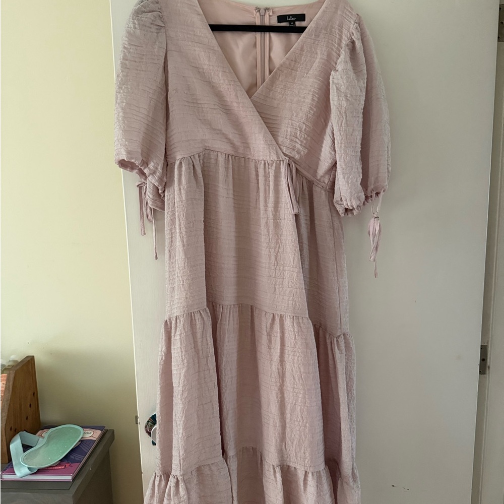 Lulu's Pink Ruffled Tiered Sundress with Puff Sleeves
